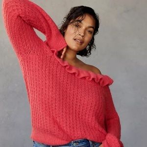NWT Anthropologie Ruffled Boat Neck Sweater in Pink, size Large